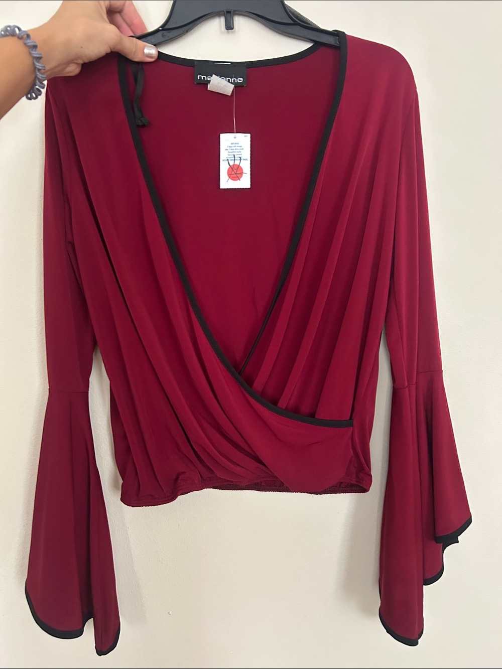 Masamane Burgundy Wrap Blouse with Black Trim
